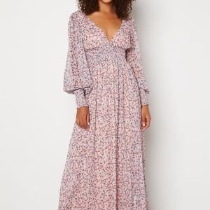 Goddiva Ditsy Long Sleeve Shirred Maxi Dress Blush L (UK14)