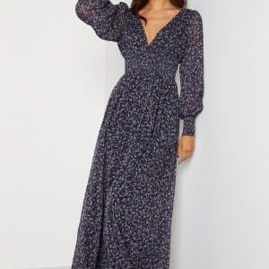 Goddiva Ditsy Long Sleeve Shirred Maxi Dress Navy S (UK10)