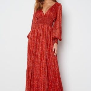 Goddiva Ditsy Long Sleeve Shirred Maxi Dress Red XS (UK8)