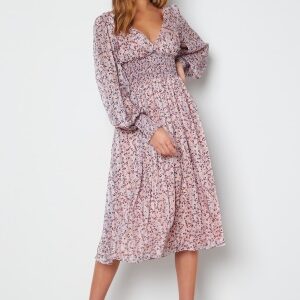 Goddiva Ditsy Long Sleeve Shirred Midi Dress Blush XXL (UK18)