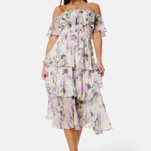 Goddiva Floral Bardot Pleated Midi Dress Multi XS (UK8)