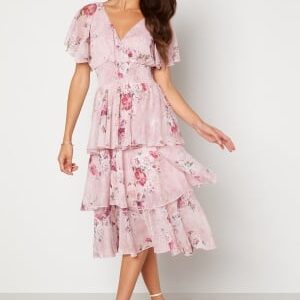 Goddiva Floral Flutter Tiered Midi Dress Blush XXS (UK6)