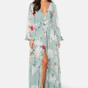 Goddiva Floral Long Sleeve Chiffon Maxi Dress Green XXS (UK6)