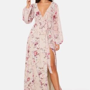 Goddiva Floral Long Sleeve Chiffon Maxi Dress Latte XXS (UK6)