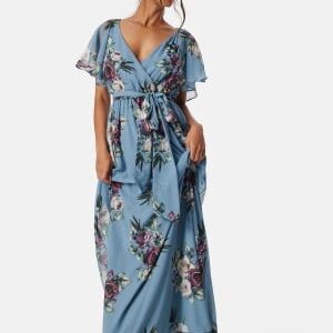 Goddiva Flutter Floral Maxi Dress Air Force Blue XXS (UK6)