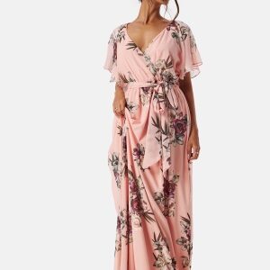 Goddiva Flutter Floral Maxi Dress Peach/Patterned L (UK14)