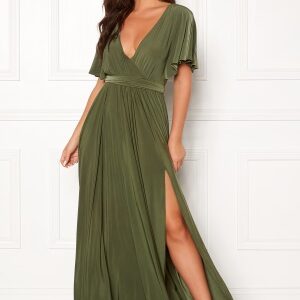 Goddiva Flutter Sleeve Maxi Dress Olive Green XS (UK8)