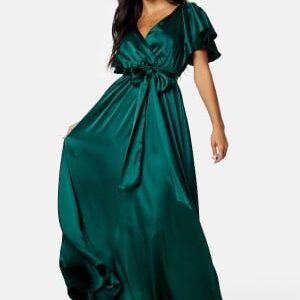 Goddiva Flutter Sleeve Satin Maxi Dress Green S (UK10)