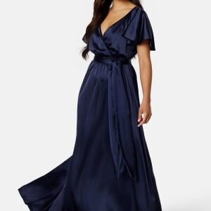 Goddiva Flutter Sleeve Satin Maxi Dress Navy XXS (UK6)