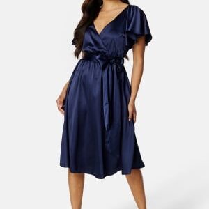 Goddiva Flutter Sleeve Satin Midi Dress Navy XS (UK8)