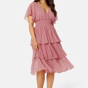 Goddiva Flutter Tiered Midi Dress Warm Pink XXS (UK6)