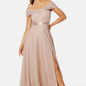 Goddiva Glitter Bardot Maxi Dress Nude S (UK10)