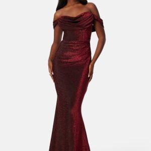 Goddiva Glitter Off Shoulder Maxi Dress Red XS (UK8)