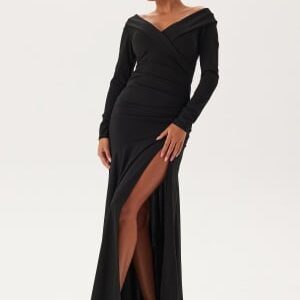 Goddiva Long Sleeve Bardot Pleat Maxi With Split Black S (UK10)