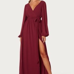 Goddiva Long Sleeve Chiffon Dress Berry M (UK12)