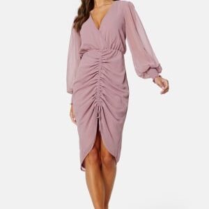 Goddiva Long Sleeve Chiffon Rouched Midi Dress Dusk XS (UK8)