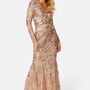 Goddiva Long Sleeve Sequin Maxi Dress Champagne S (UK10)