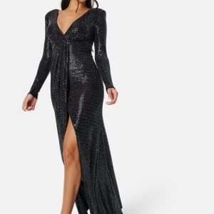 Goddiva Long Sleeve Sequin Maxi Dress With Split Black S (UK10)