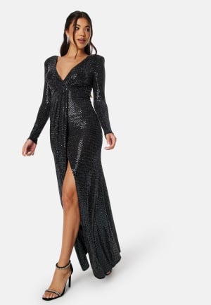 Goddiva Long Sleeve Sequin Maxi Dress With Split Black XS (UK8)