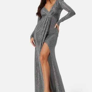 Goddiva Long Sleeve Sequin Maxi Dress With Split Silver M (UK12)