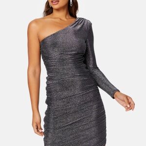 Goddiva One Shoulder Glitter Mini Dress Black/Silver XS (UK8)