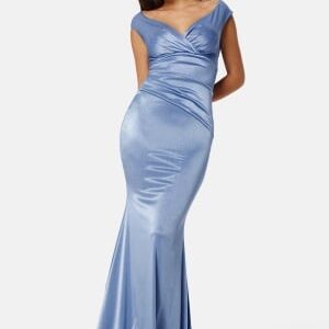 Goddiva Satin Bardot Pleat Maxi Dress Dusty Blue XS (UK8)