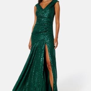 Goddiva Sequin Bardot Pleat Maxi With Split Green L (UK14)