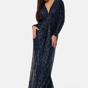 Goddiva Sequin Deep V Maxi Dress Navy S (UK10)