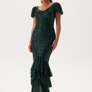 Goddiva Sequin Tiered Hem Maxi Dress Dark Green S (UK10)