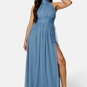 Goddiva Tie Neck Maxi Dress With Split Dusty Blue L (UK14)