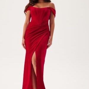 Goddiva Velvet Bardot Corset Maxi Dres Wine XS (UK8)