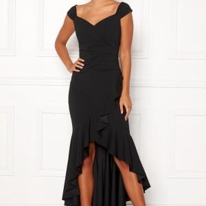 Goddiva Wrap Front Frill Dress Black S (UK10)