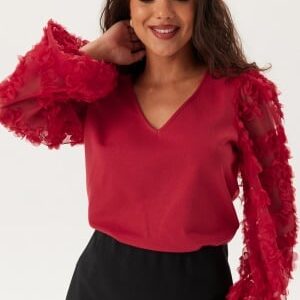 Happy Holly 3D Floral Sleeve V-neck Top Red 36/38