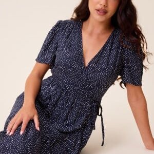 Happy Holly Evie Puff Sleeve Midi Wrap Dress Dark blue/Dotted 36/38