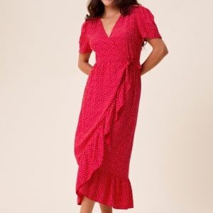 Happy Holly Evie Puff Sleeve Midi Wrap Dress Red/Dotted 36/38