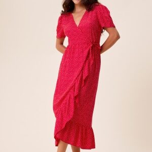 Happy Holly Evie Puff Sleeve Midi Wrap Dress Red/Dotted 32/34