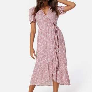 Happy Holly Evie Puff Sleeve Midi Wrap Dress Dusty pink/Patterned 32/34