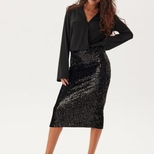 Happy Holly Sequin Trumpet Sleeve Midi Dress Black 44/46