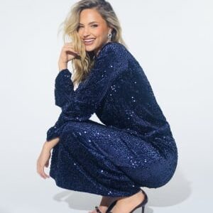 Happy Holly Sequin Trumpet Sleeve Top Midnight blue 32/34