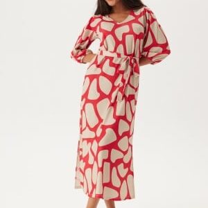 Happy Holly Structured Puff Sleeve Midi Dress Red/Cream 36/38