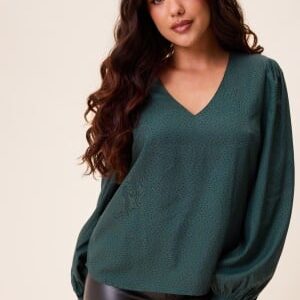 Happy Holly V-neck Puff Sleeve Viscose Blouse Dusty green/Patterned 36/38