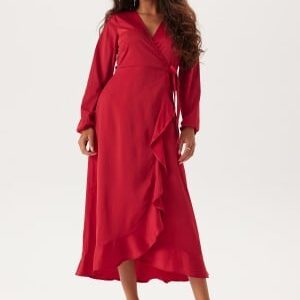 Happy Holly Wrap L/S Satin Maxi Dress Dark red 36/38