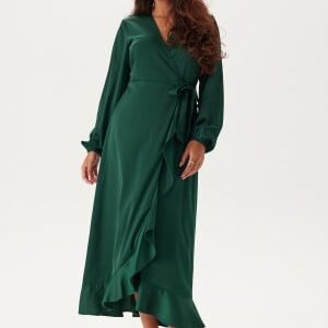 Happy Holly Wrap L/S Satin Maxi Dress Dark green 36/38