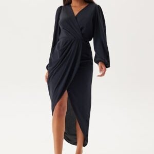 John Zack Balloon Sleeve Wrap Front Maxi Dress Navy S (UK10)