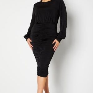 John Zack Curve Long Sleeve Rouched Midi Dress Black 48 (UK20)