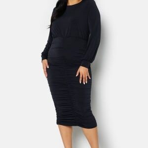 John Zack Curve Long Sleeve Rouched Midi Dress Navy 54 (UK26)