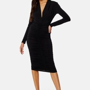 John Zack Deep V Rouched Midi Dress Black XXS (UK6)