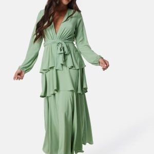 John Zack Long Sleeve Tiered Maxi Dress Sage Green S (UK10)