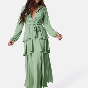 John Zack Long Sleeve Tiered Maxi Dress Sage Green XXS (UK6)