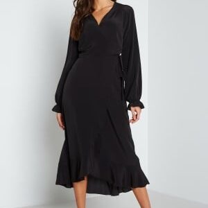 John Zack Long Sleeve Wrap Frill Dress Black S (UK10)